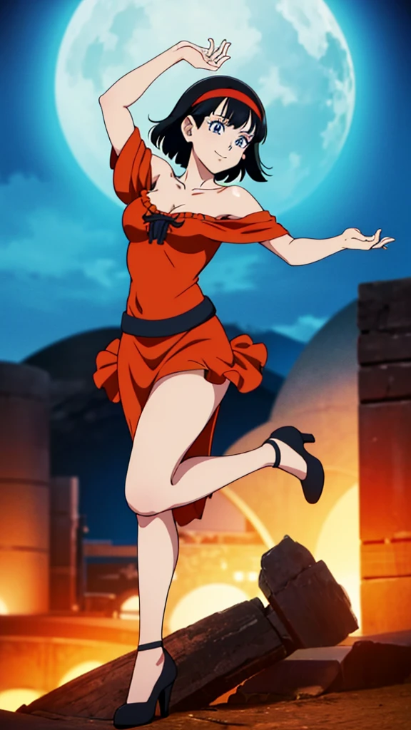 videl as a flamenco dancer, seductive smile, 1 girl, solo black hair, blue eyes, short hair, red hairband, bare shoulders, good hands, two legs, a flamenco dress, orange ruffle off the shoulder top, black maxi dress, dancing at the village at night