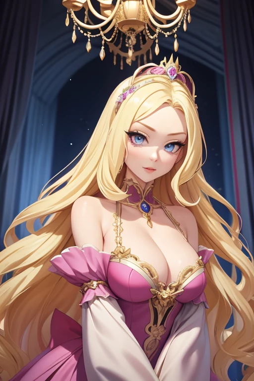 silk rococo dress,villain,noble、blonde blue eyes,A little more adult、long blonde hair,glamorous