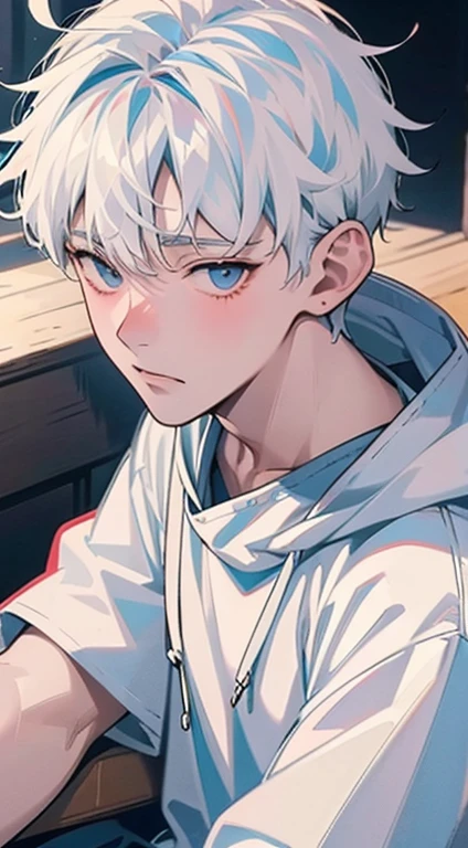 (absurd、High resolution、super detailed)、masterpiece、highest quality、1 boy、solo、Handsome、amount、all back hair、 細かい目と詳細なface、amount、Big hood、(white shorts)、Espadrilles、ear piecing、face、looking at the camera、笑face、face focus,
