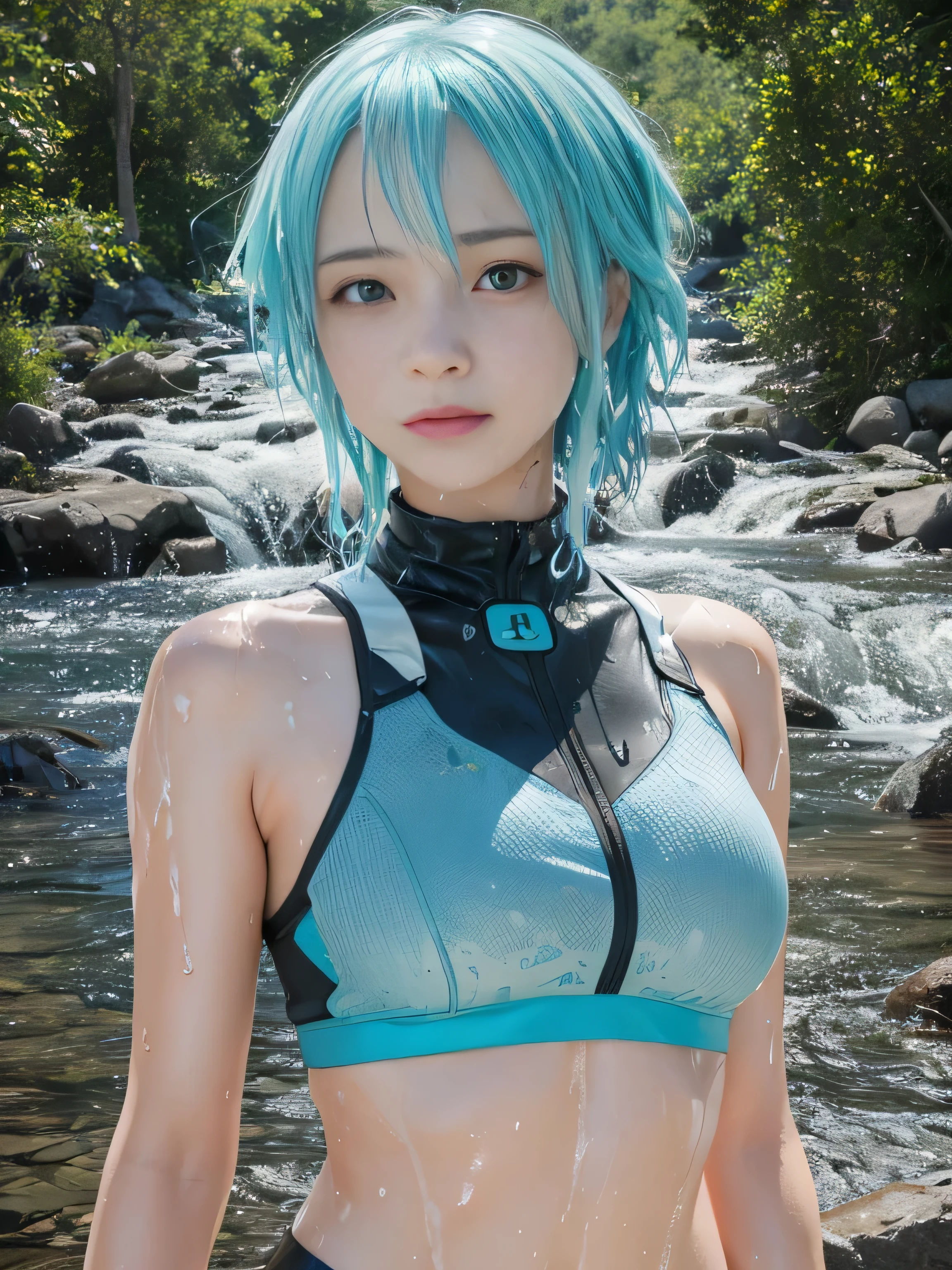 masterpiece, best quality, (realistic,photo-realistic:1.4), (RAW photo:1.2), extremely detailed CG unity 8k wallpaper, delicate and beautiful, amazing,finely detail, official art, absurdres, incredibly absurdres, huge filesize, ultra-detailed,extremely detailed eyes and face,light on face,little smile,cyan hair,short hair,sidelocks,river,sinon,(wet body:1.4)