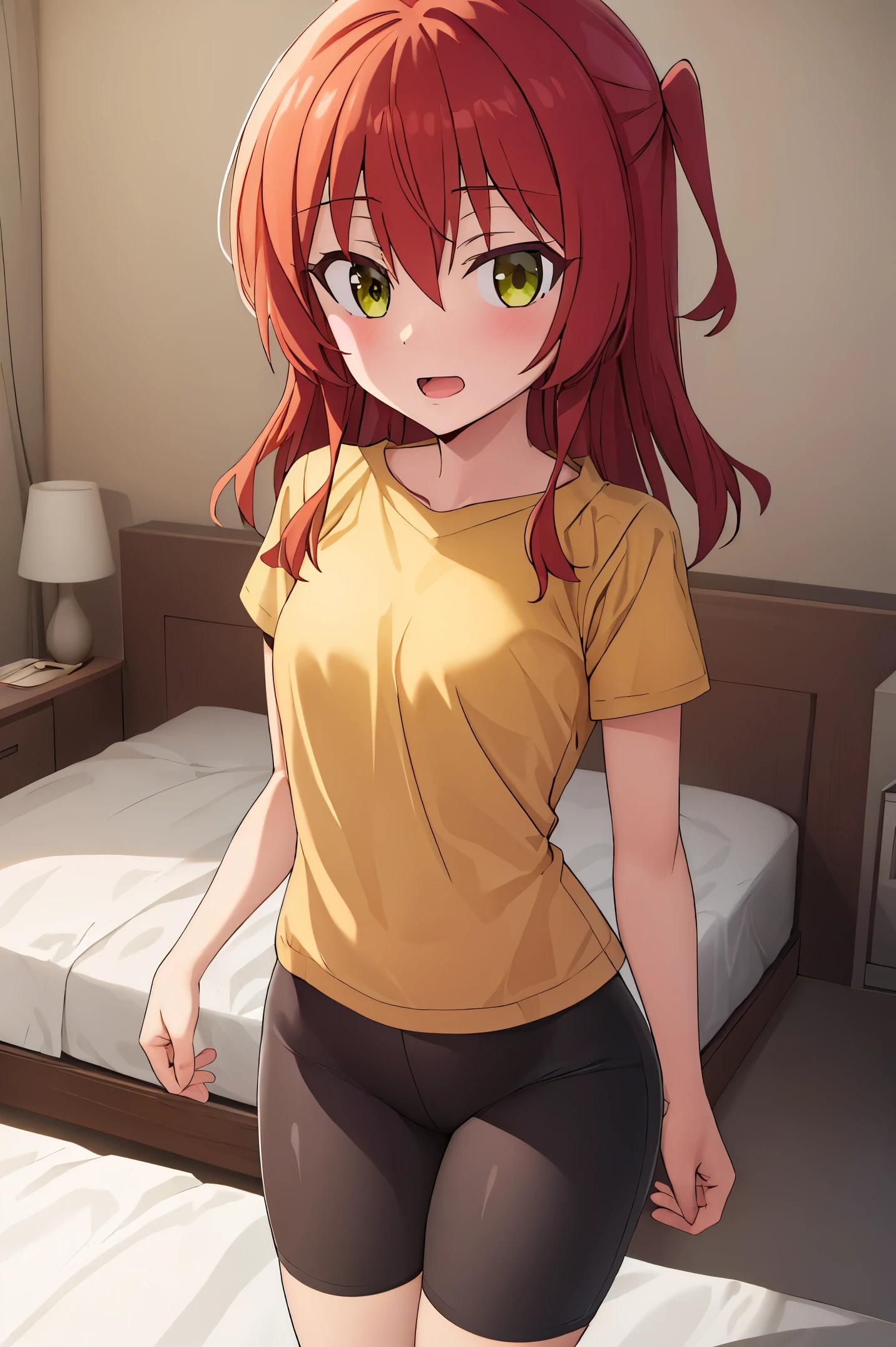 1 girl, best quality, ultra high res, long hair, red hair, green eyes, looking at viewers, small breast, standing, pov, slim body, loli body, small body, smile, open mouth, yellow shirt, short sleeves, bike shorts, bedroom, white bed sheets,