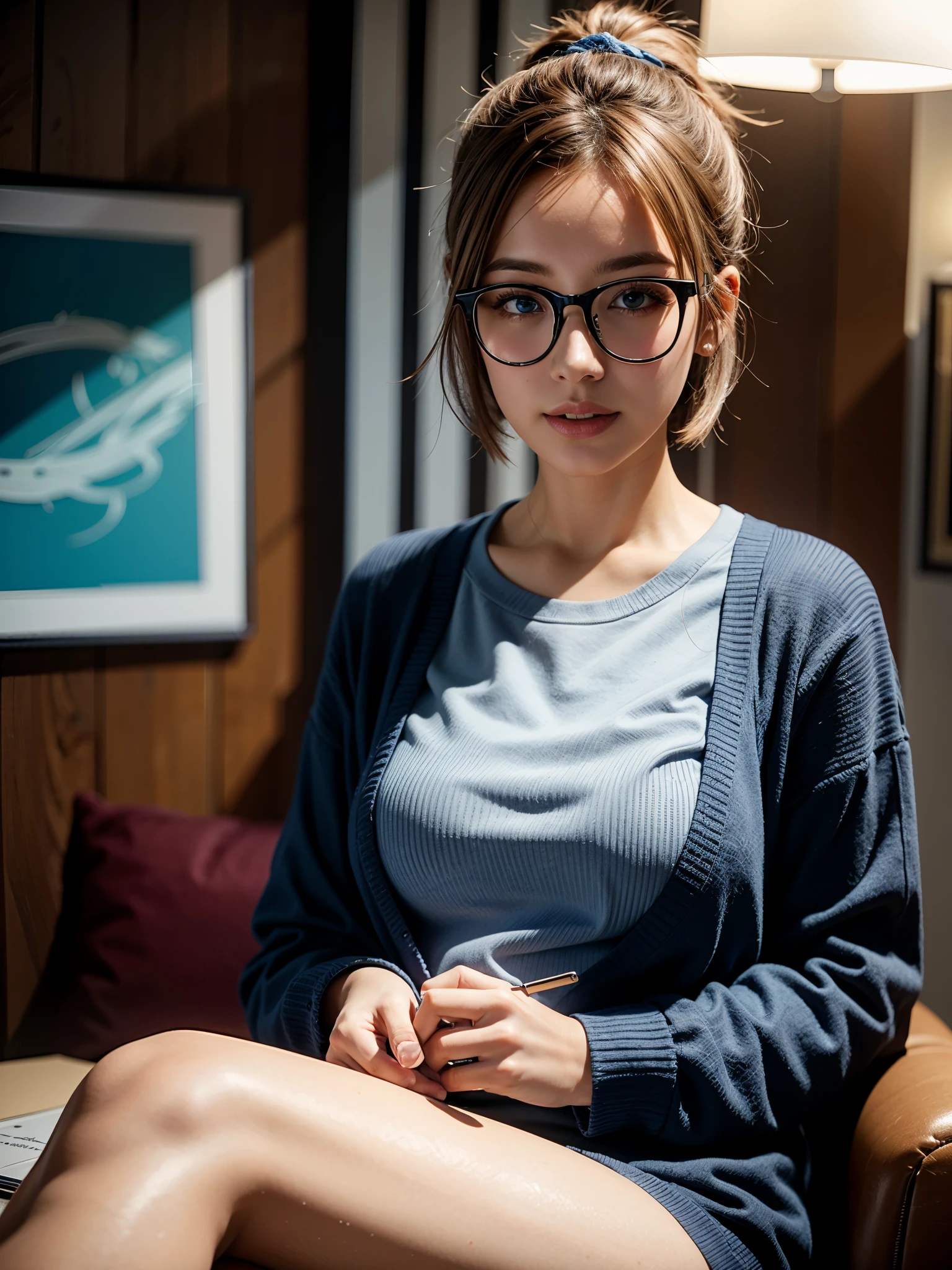 (best quality,8K,UHD,highres,masterpiece:1.2),ultra-detailed,realistic,strong character presence,beautiful detailed blue eyes,beautiful detailed lips,short white hair with great precision,strong personality,smart and independent,professional attire,stylish glasses,confident expression,positive and happy atmosphere,warm lighting,modern office setting