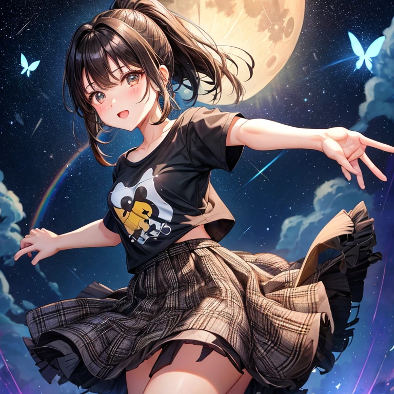 black brown hair、ponytail、Veld's eyes、one good looking girl、solo、and soul、lightly dressed、plaid mini skirt、black t-shirt、grassland、full moon、Meteors、sparkling starry sky、rainbow butterfly flying、fisheye lens