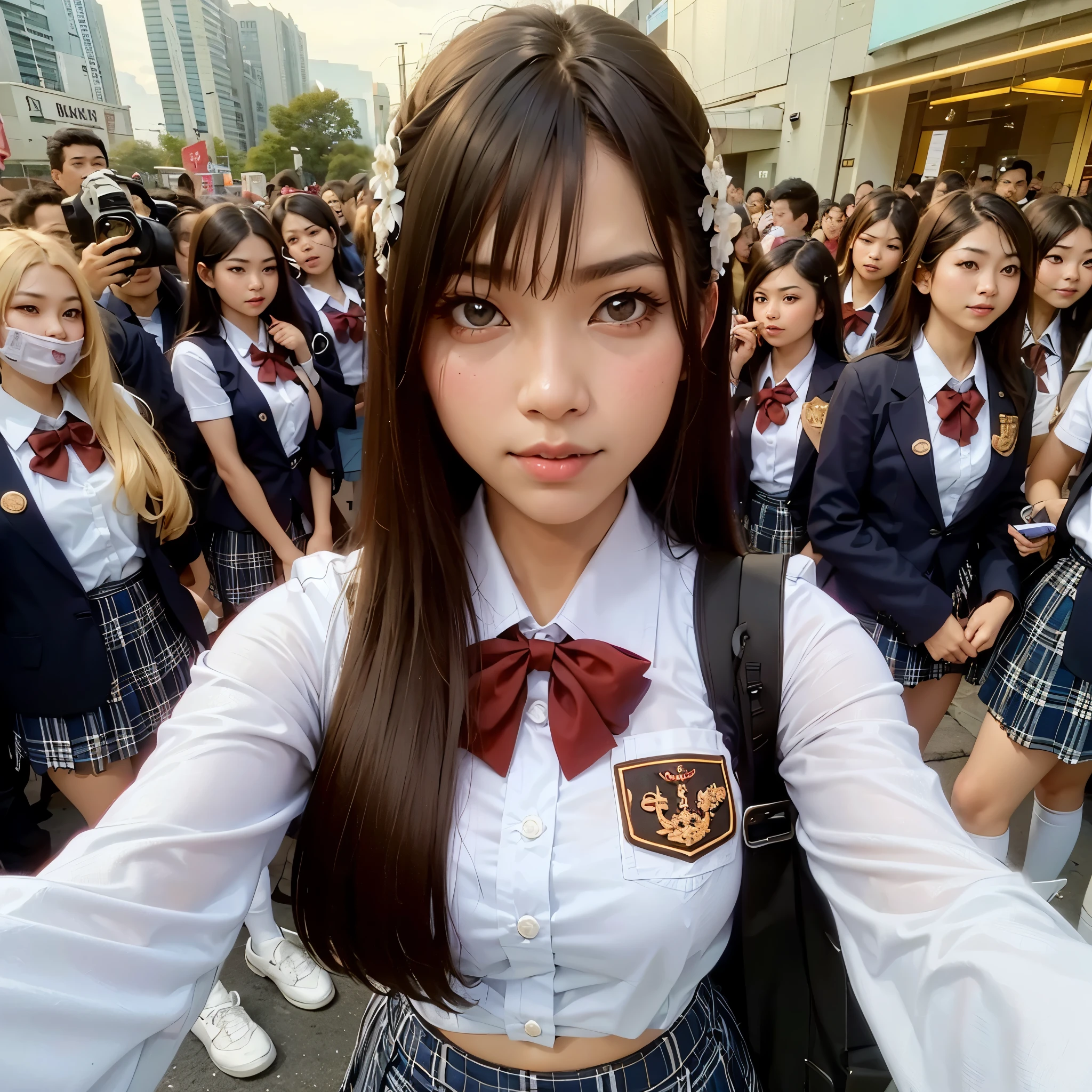 arafed asian girl in uniform taking a selfie with a camera, 8k selfie photograph, jk uniform, anime thai girl, a hyperrealistic schoolgirl, brown long hair with bangs, beautiful anime high school girl, selfie shot straight on angle, japanese school uniform, ulzzang, girl wearing uniform, seifuku, japanese girl school uniform, arafed asian girl in uniform taking a selfie with a camera, 8k selfie photograph, jk uniform, anime thai girl, a hyperrealistic schoolgirl, brown long hair with bangs, beautiful anime high school girl, selfie shot straight on angle, japanese school uniform, ulzzang, girl wearing uniform, seifuku, japanese girl school uniform