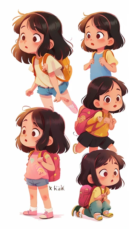 Girl, various poses and expressions on white background, children's book illustration style, simple, cute, 6 , colors, long black hair, plain color, pink short-sleeved shirt, shorts jeans, no backpack.