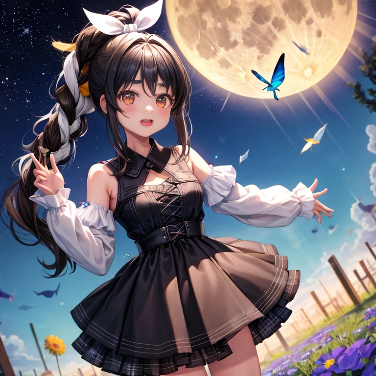 black brown hair、ponytail、Veld&#39;s eyes、one good looking girl、solo、and soul、lightly dressed、plaid mini skirt、black t-shirt、grassland、full moon、Meteors、sparkling starry sky、rainbow butterfly flying、fisheye lens