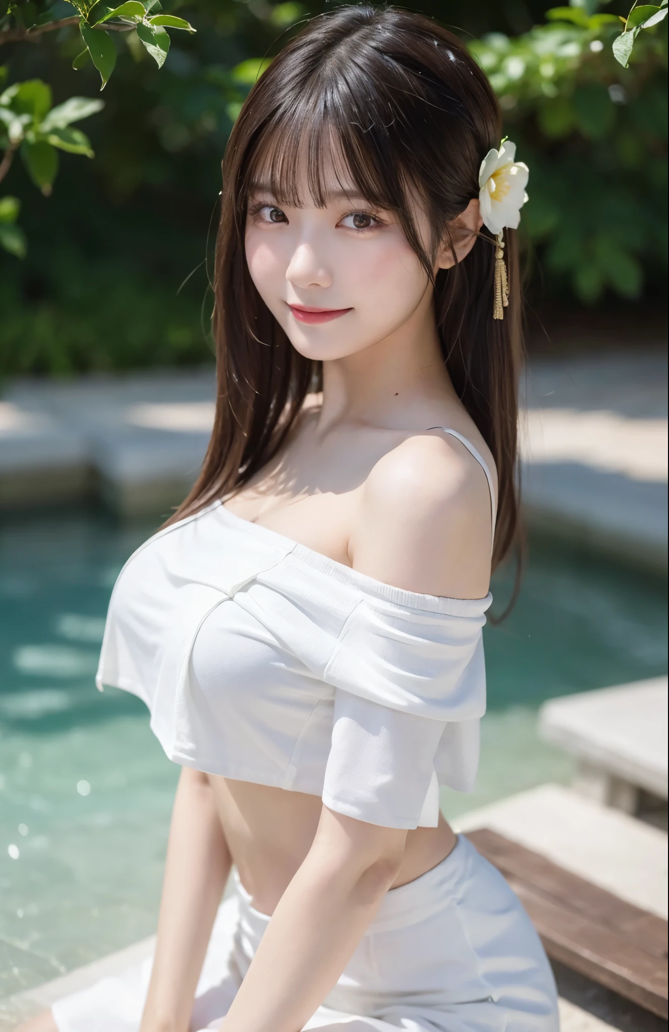 P Cup、White swimsuit with frills and ribbons、Brown Hair、long hair、Easygoing、older sister、Sexy pose、Put your chest close、On all fourole on chest、Teardrops