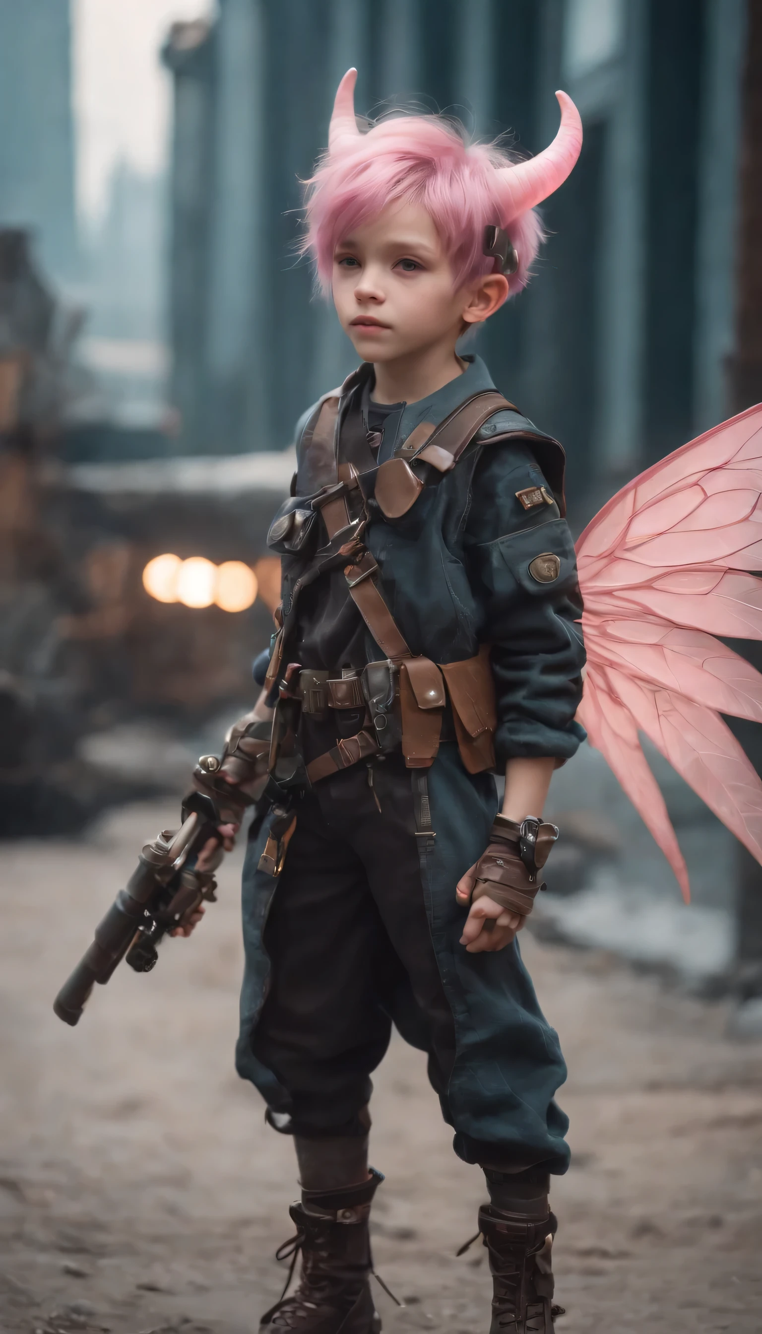 Full body art of a beautiful cyberpunk fairy boy , thin and fragile holding a cannon with horns on his head, honey pink hair messy in the wind, frayed with bangs covering his eyes in a wavy mullet style with large huge light golden eyes that convey joy and magic thin pink eyebrows wild and rebellious appearance dark pink skin dragonfly wings dressed in pilot outfit with huge bare feet