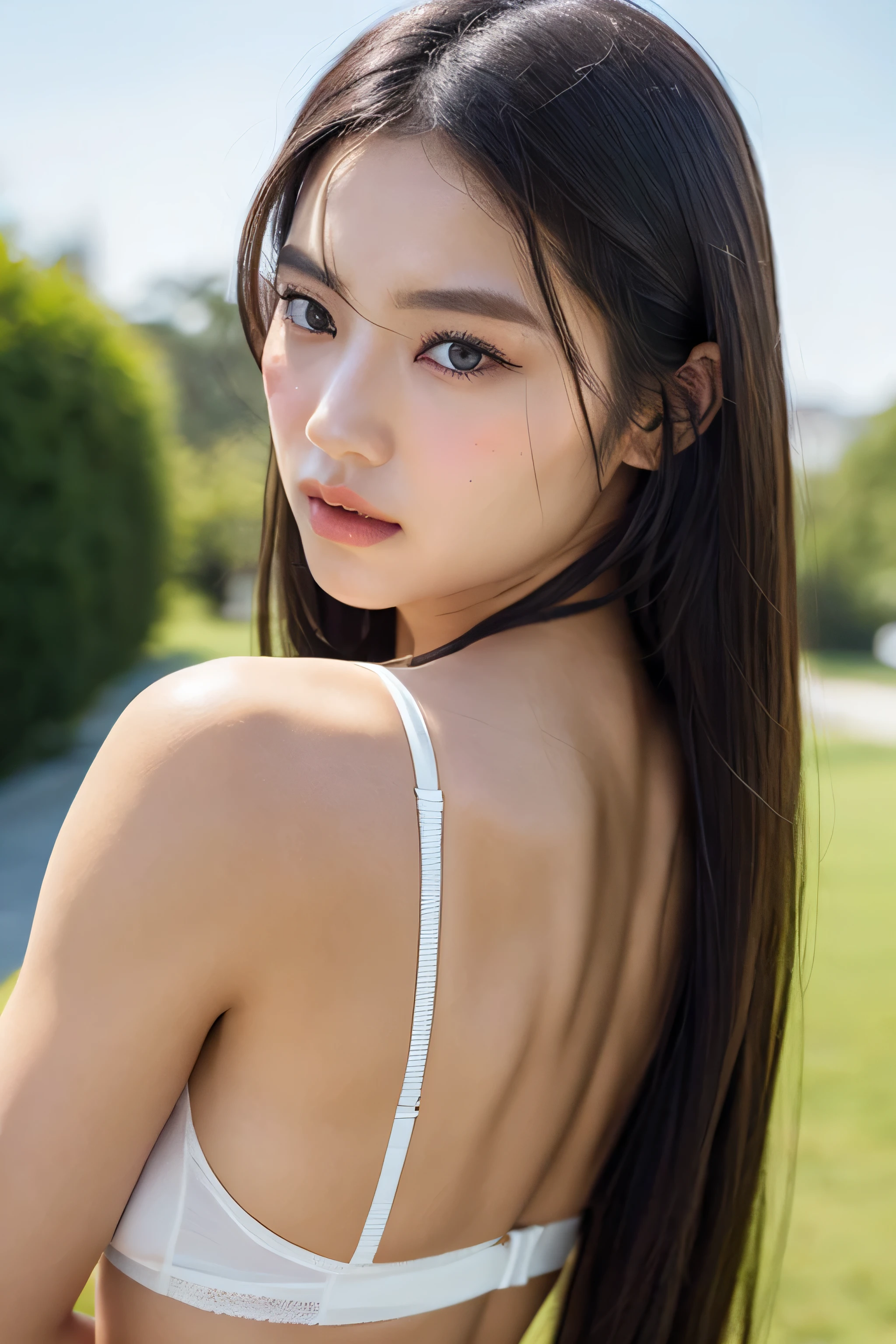 woman、white drool coming out of the mouth、Long hair, outdoor, fair skin, messy hair, super cute、soft face、black hair、8K resolution、Super realistic、Ultra-fine、 Night of soft body and firm butt、((highest resolution、8K、masterpiece:1.3))、Ultra-fineな顔、Ultra-fineな唇、fine eyes、double eyelid、underwear:1.1、front:1.0