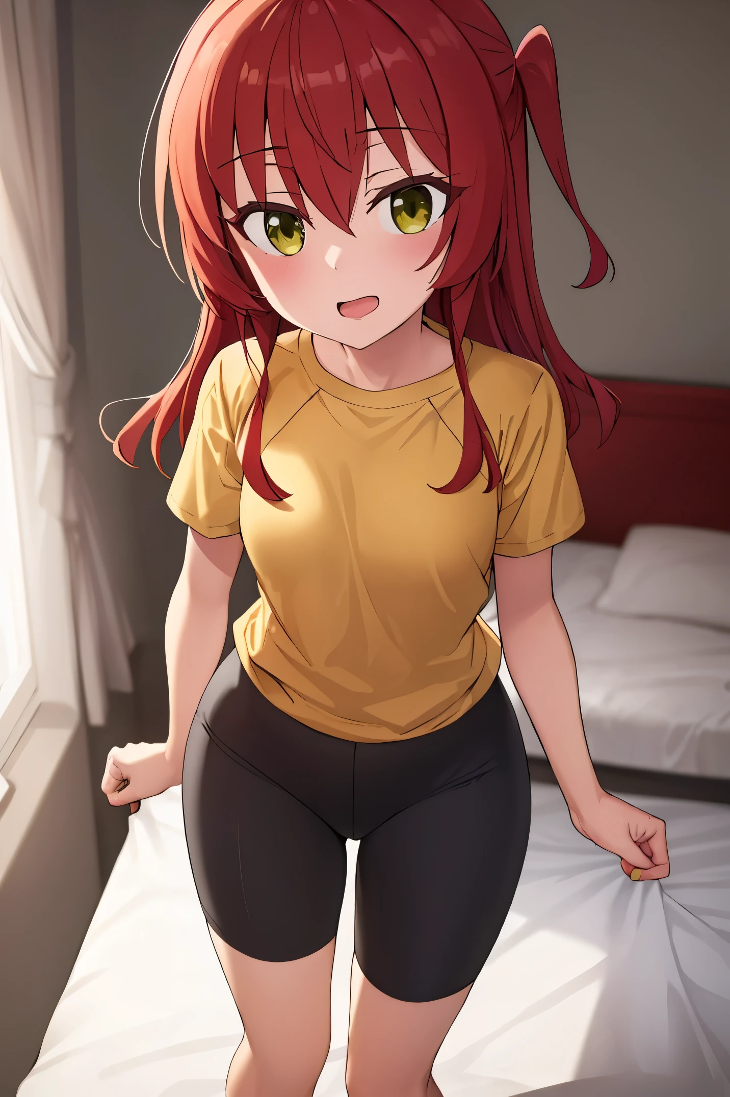 1 girl, best quality, ultra high res, long hair, red hair, green eyes, looking at viewers, small breast, standing, pov, slim body, loli body, small body, smile, open mouth, yellow shirt, short sleeves, bike shorts, bedroom, white bed sheets,