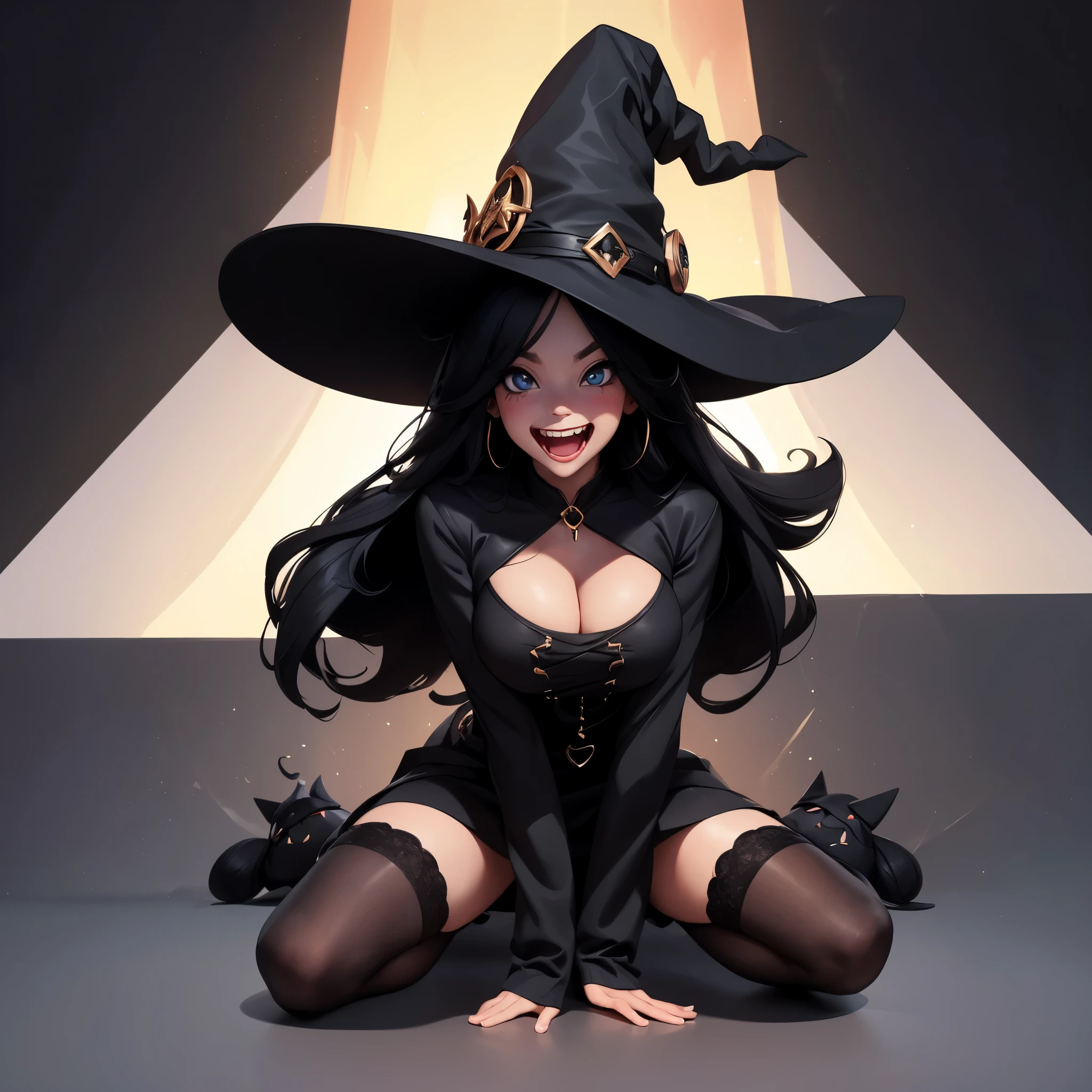 1girl as witch,(official clothing: 1.4),Beautiful,Looking at the camera,big eye,Laughing,Raise cheeks,black witch hat, light black clothes, shortstackbt,Clothes with open chest,stockings,