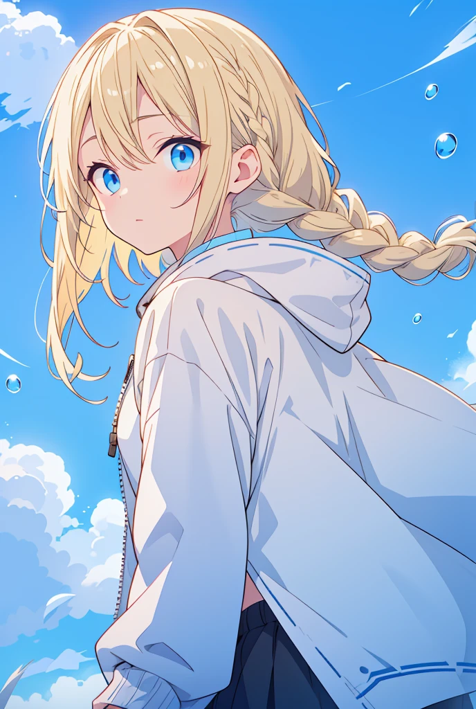 blonde hair with light blue tips,Braid,eyes are blue,black hoodie,straight face,Black feathers,Blue sky,Water droplets,white bird,bluebird,white background、simple background