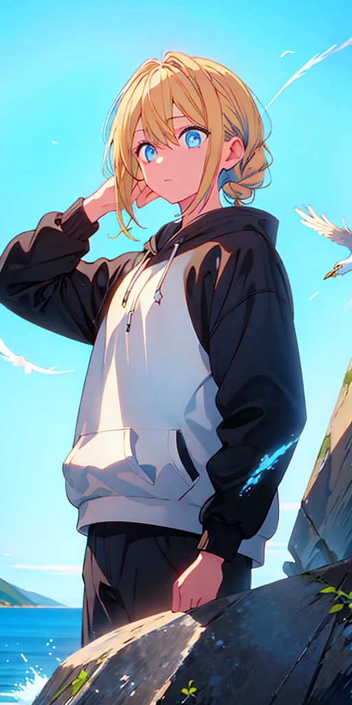 blonde hair with light blue tips,Braid,eyes are blue,black hoodie,straight face,Black feathers,Blue sky,Water droplets,white bird,bluebird,white background、simple background