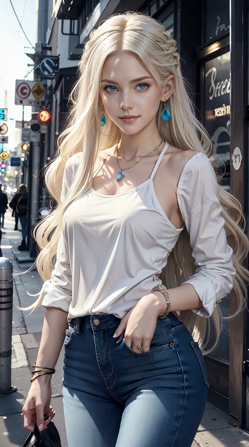 22 year old white female、Hair color is platinum blonde、blue eyes、long hair、straight hair、The ends of the hair are wavy、accessories on the wrist、wearing a necklace、has earrings、skin is smooth、Slender but muscular body、smile、Wearing a high neck zipper up top、wearing skinny jeans、I&#39;m in a narrow alley in a restaurant district where neon lights shine