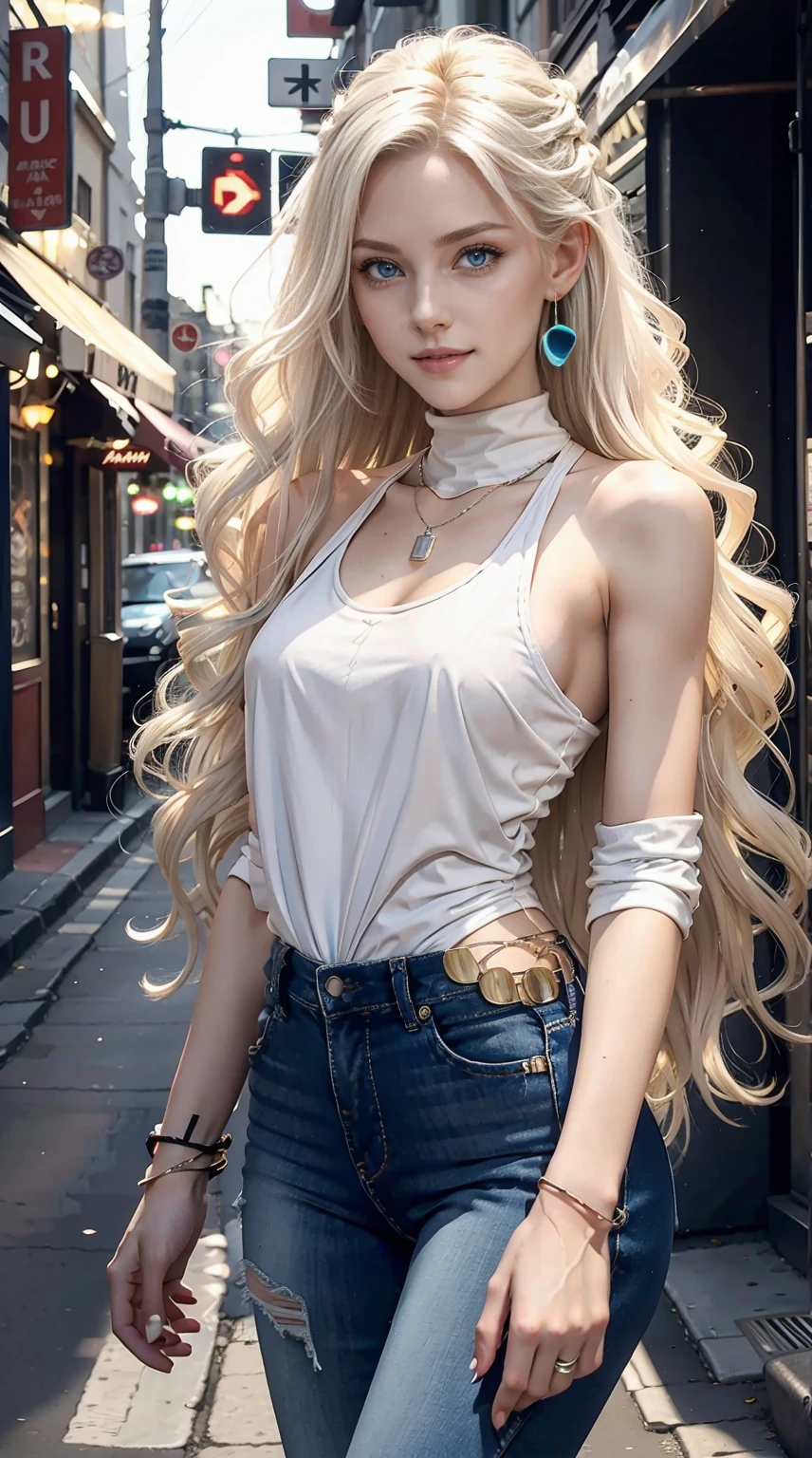 22 year old white female、Hair color is platinum blonde、blue eyes、long hair、straight hair、The ends of the hair are wavy、accessories on the wrist、wearing a necklace、has earrings、skin is smooth、Slender but muscular body、smile、Wearing a high neck zipper up top、wearing skinny jeans、I'm in a narrow alley in a restaurant district where neon lights shine