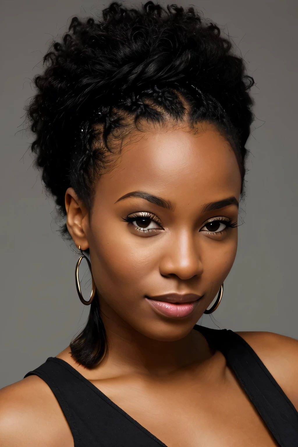 Femme africaine de 28 ans, et spacieux, cheveux couleur noir, fond noir,
