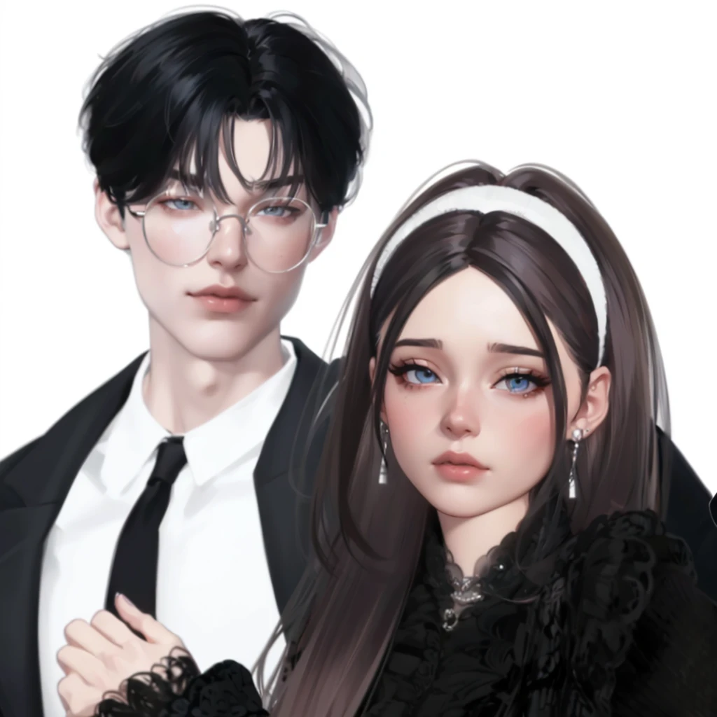 ( High quality , ultra detailed, careful with hand and face ) Dark, HD quality, Zepeto characters, realistic woman and man body, buff man body, two characters, boy and girl, a man with glasses , handsome sharp face teen boy with thick lips and pretty teen girl, focus on face, shiny earrings and dress.