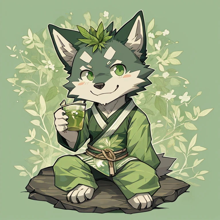 Green tea fur, furry wolf, relax, happy, cute, male, muscle, green tea outfit , half body, handsome, green eyes, cool, look at​ viewer, bambo leaf background, chibi style, drinking green tea