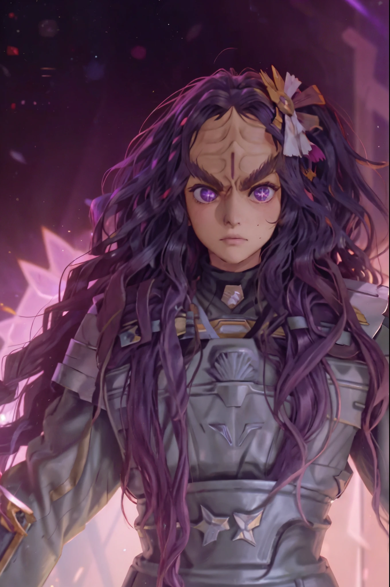 fullbody fullframe  Hoshino Ai, long hair, purple hair, streaked hair ,purple eyes, star-shaped pupils, hair ornament, klingon
forehead ridge
thick eyebrows
dark skin stash armour