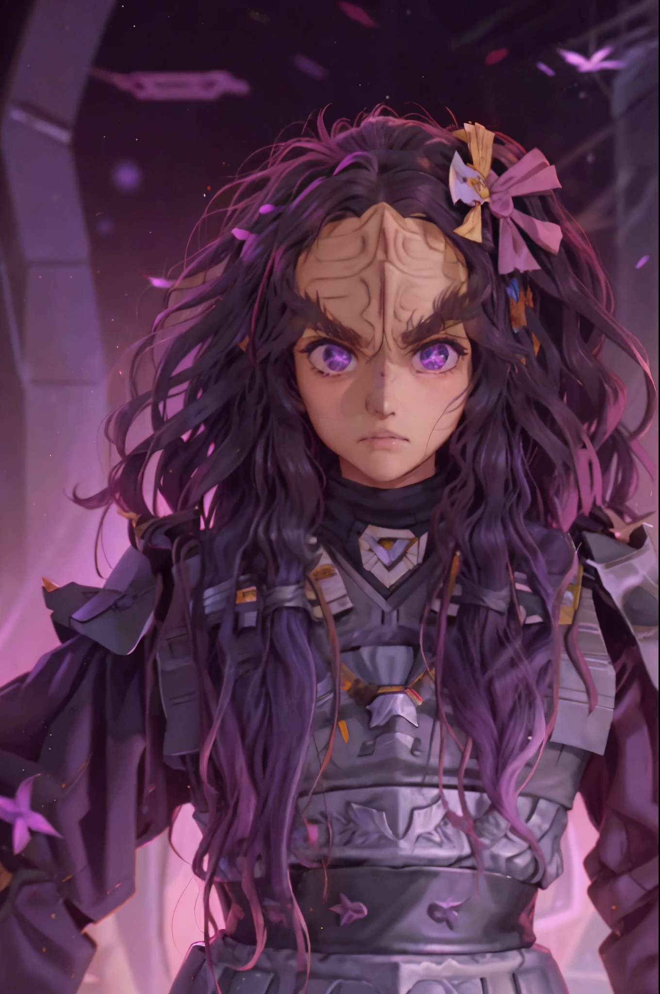 fullbody fullframe  Hoshino Ai, long hair, purple hair, streaked hair ,purple eyes, star-shaped pupils, hair ornament, klingon
forehead ridge
thick eyebrows
dark skin stash armour