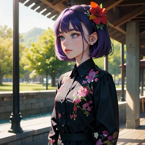 1 girl, purple hair, medium hair, (hair flower), green eyes, black shirt, embroidered shirt, ornate shirt, intricate shirt, long sleeve, upper body, anime screencap, scenery