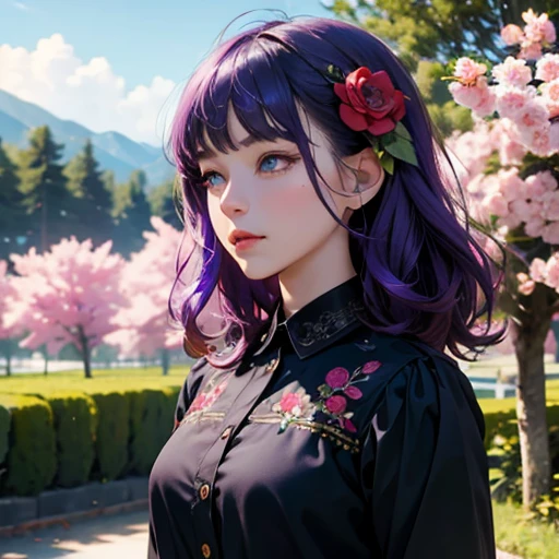 1 girl, purple hair, medium hair, (hair flower), green eyes, black shirt, embroidered shirt, ornate shirt, intricate shirt, long sleeve, upper body, anime screencap, scenery