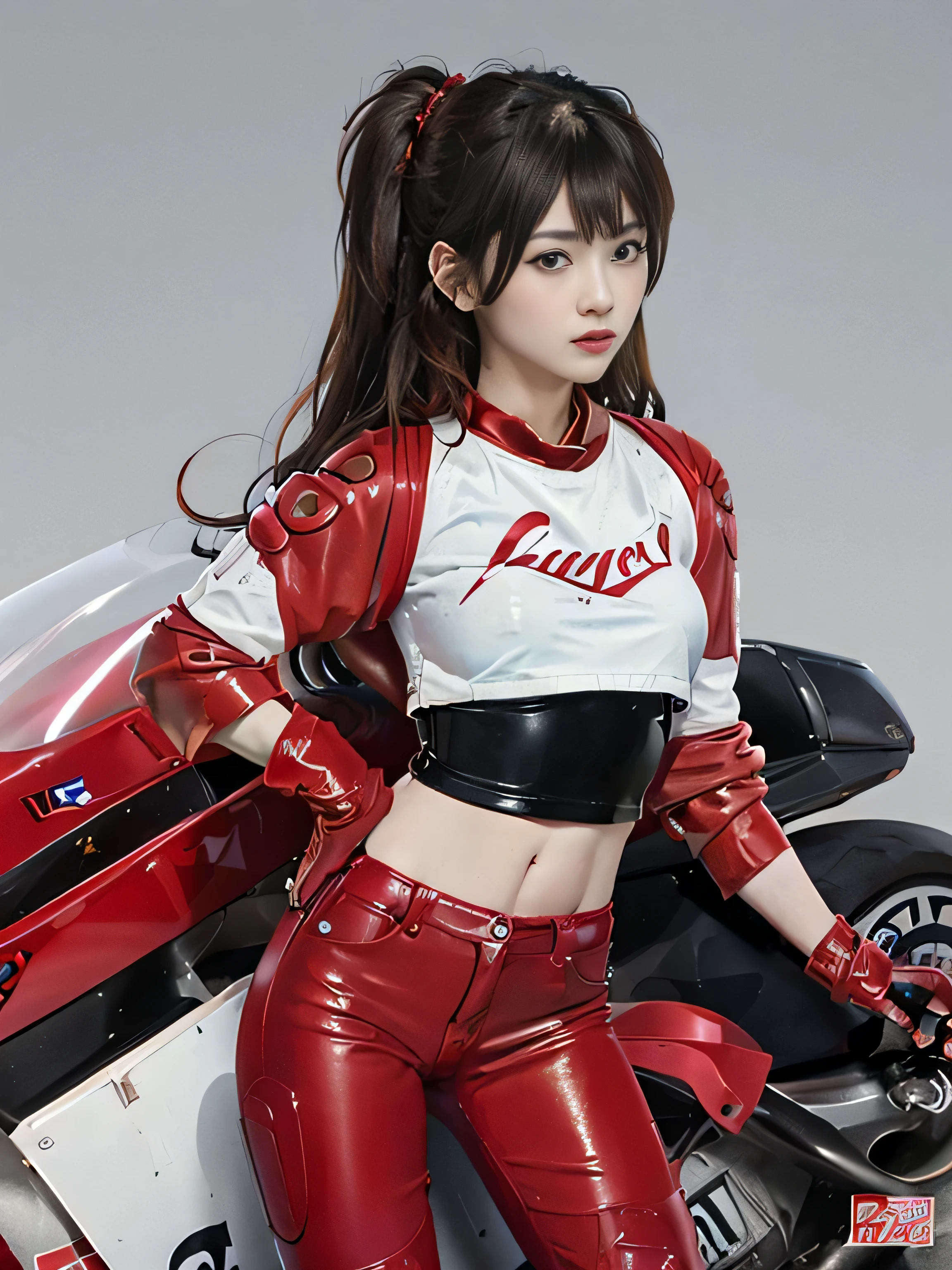 official art, highest quality, masterpiece, ultra high resolution, (photoreal:1.4), Raw photo, ((Ultra realistic details)), portrait, global illumination, Shadow, octane rendering, 8K, super sharp, Asuka, Eva 02, 1 girl, 13 years, black hair, (long hair fluttering in the wind), Detailed facial depiction, Almond-shaped sky blue eyes, long eyelashes, glossy lips, Tsundere and playful look, (Red low-rise leather pants), (Pure White Cropped T-Shirt:1.4), (Underbust exposure), (Red Down Jacket:1.1), big breasts thin waist, (1 Akira Bike Red:1.4), cycling, night, Cyberpunk City View, Ultra-detailed CG image quality,