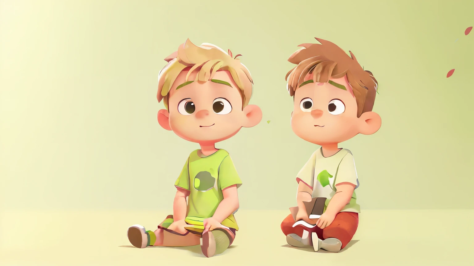 A cute little boy name Alexandre Shida, 10 year olds, short blonde hair, green eyes, big fat body, big fat face, wearing a Plain light green t-shirt, red shorts, sitting on the floor, reading a book, multiple poses, in the style of simple Cartoonish illustrations