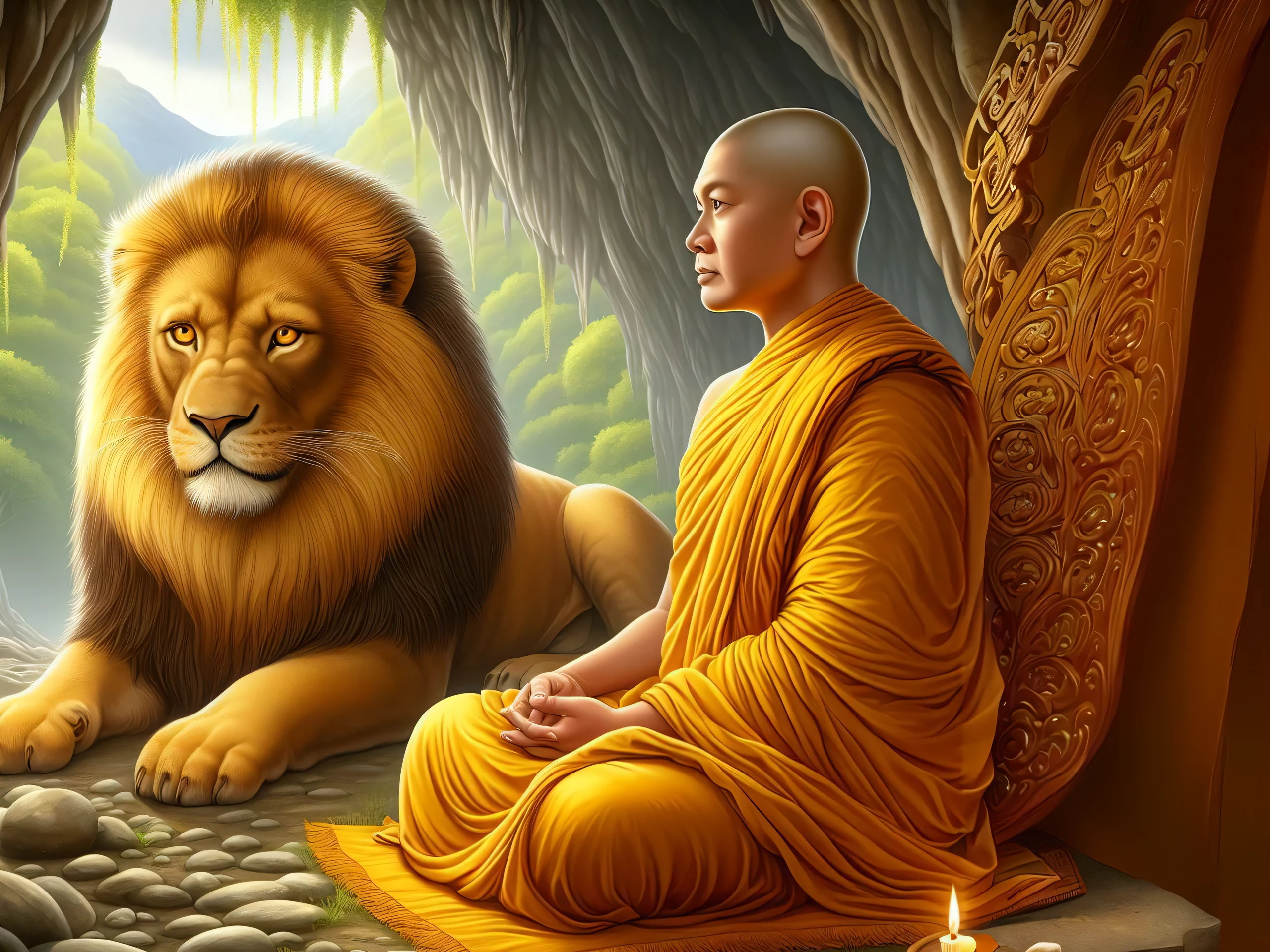 a close up of a person sitting in a meditation position with a lion, buddhism, buddhist, monk meditate, samsara, buddhist monk meditating, on path to enlightenment, enlightenment, buddha, spiritual enlightenment, harmony of nature, the buddha, meditation, on the path to enlightenment, amazing depth, sakimi, hindu stages of meditation, buddhist monk, by Howard Lyon