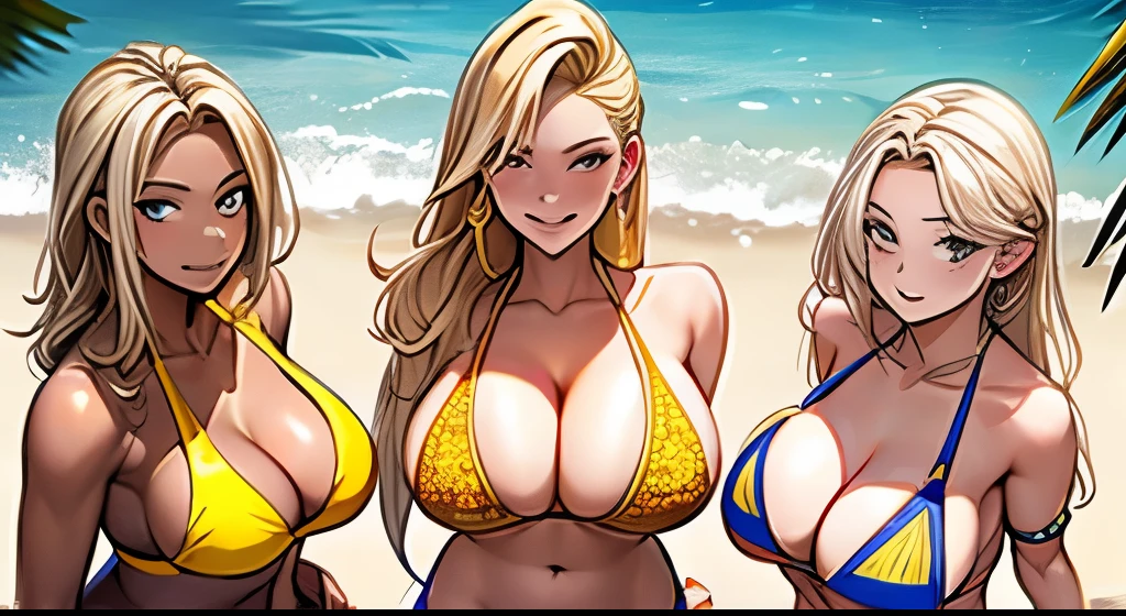 masterpiece, highest quality, multiple girls, yellow bikini, blonde hair, smile, huge breasts, saggy breasts, cleavage, flash, beach, whole body, kneel down, sandals