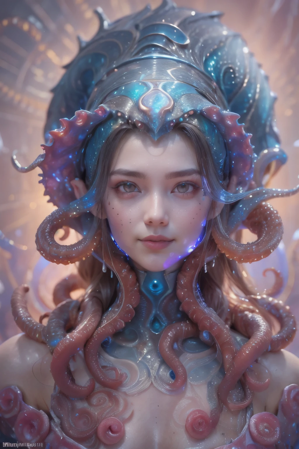 Portrait, (beautiful female alien:1.2), (she has red eyes with no pupils:1.8), (Translucent skin:1.7), (There is a female genital-like organ in the middle of the forehead:1.9), (The most beautiful face in the history of the universe:1.2),an evil gaze that seduces, (large mouth:1.1), (sharp teeth like a vampire:1.2), Full body portrait, (bio luminescent:1.5), (Smile wickedly:1.3), (sexypose:1.5), alien, No humans, cells are fused, (Lots of translucent tentacles:1.3) extraterrestrial, cell, bio image, best quality, 8K,In 4K_quality, High freshness, Dramatic Lighting, masutepiece:1.5,cinematic quality, detail up, (exquisite details:1.2), high resolution, High freshness, drawing faithfully, (Thick eyebrows:1.2), Beautiful eyes with fine symmetry,(Highly detailed face and eyes:1.2), Intimate face, (Super detailed skin quality feeling:1.4), perfect anatomy, (Beautiful toned body:1.5), (Moist skin:1.2), not wearing makeup, (dark circles:1.1), long canines, cinematic drawing of characters, ultra high quality model, cinematic quality, detail up, (exquisite details:1.2), high resolution, High freshness, drawing faithfully, official art, Unity 8K Wall , 8K Portrait, best quality, Very high resolution, ultra detailed artistic photography, midnight aura, unreal engine 5, Ultra Sharp Focus, art by alberto seveso, ArtGerm, Roisch, intricate artwork, best quality, masterpiece, ultra high resolution, (photos realistic:1.4), ultra realistic realism, dream-like, nautilus, Creation of fantasy, Snail, Dream Snail, (biopunk nautilus:1.3),Thrilling color schemes, ultra realistic realism, seductively smiling, Blue tentacles,