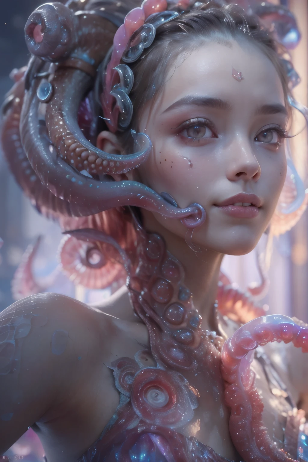 Portrait, (beautiful female alien:1.2), (she has red eyes with no pupils:1.8), (Translucent skin:1.7), (There is a female genital-like organ in the middle of the forehead:1.9), (The most beautiful face in the history of the universe:1.2),an evil gaze that seduces, (large mouth:1.1), (sharp teeth like a vampire:1.2), Full body portrait, (bio luminescent:1.5), (Smile wickedly:1.3), (sexypose:1.5), alien, No humans, cells are fused, (Lots of translucent tentacles:1.3) extraterrestrial, cell, bio image, best quality, 8K,In 4K_quality, High freshness, Dramatic Lighting, masutepiece:1.5,cinematic quality, detail up, (exquisite details:1.2), high resolution, High freshness, drawing faithfully, (Thick eyebrows:1.2), Beautiful eyes with fine symmetry,(Highly detailed face and eyes:1.2), Intimate face, (Super detailed skin quality feeling:1.4), perfect anatomy, (Beautiful toned body:1.5), (Moist skin:1.2), not wearing makeup, (dark circles:1.1), long canines, cinematic drawing of characters, ultra high quality model, cinematic quality, detail up, (exquisite details:1.2), high resolution, High freshness, drawing faithfully, official art, Unity 8K Wall , 8K Portrait, best quality, Very high resolution, ultra detailed artistic photography, midnight aura, unreal engine 5, Ultra Sharp Focus, art by alberto seveso, ArtGerm, Roisch, intricate artwork, best quality, masterpiece, ultra high resolution, (photos realistic:1.4), ultra realistic realism, dream-like, nautilus, Creation of fantasy, Snail, Dream Snail, (biopunk nautilus:1.3),Thrilling color schemes, ultra realistic realism, seductively smiling, Blue tentacles,