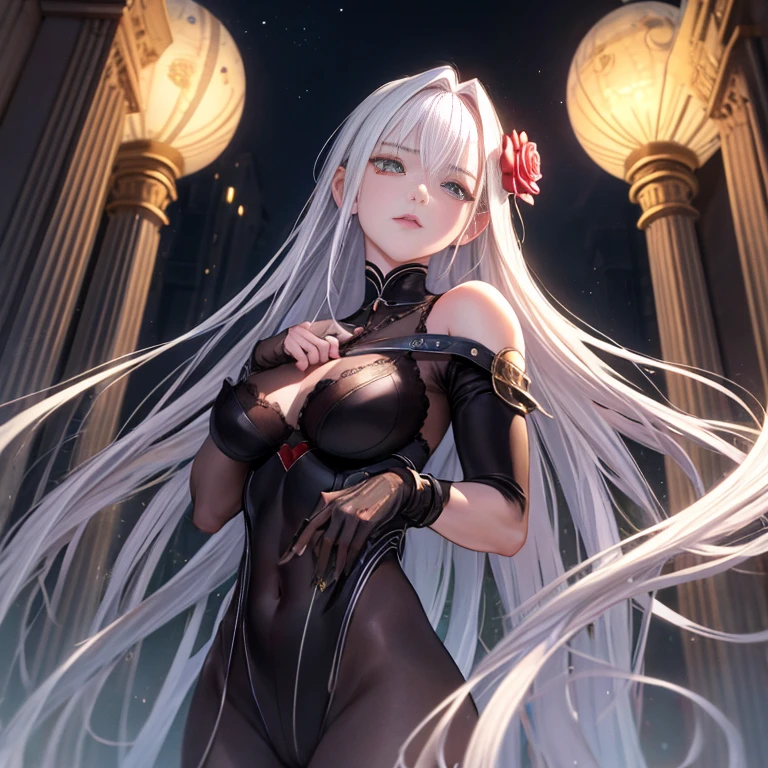 masterpiece, highest quality, (alone focus), (perfect face:1.1), (high definition:1.1), (highly detailed eyes), dramatic, Man with pale skin and long voluminous white hair, White eyes, alone, long hair, Sephiroth, moon, night, white luxury suit, covered navel, plump lips, fur, arrogant expression, rose園, detailed background, Art by Artgerm, cinematic lighting, rose, fashion, balenciaga style