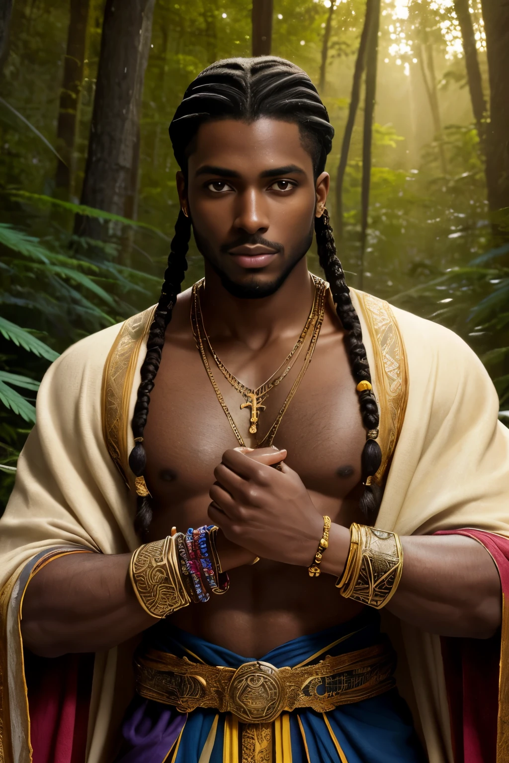 (absurdres, highres, ultra detailed, HDR), masterpiece, best quality, 1boy, (dark-skinned Haitian man), long white cornrows, stubble, handsome face, yellow eyes, prince from snow white, (handsome(from below:1.1)) detailed exterior, detailed character, wearing open flowing multi-colored alchemist's robe with sleeves rolled up revealing magic rune tattooed forearms, wearing large chunky jeweled magical bracelets, outside in dense cannabis indica tree forest during golden hour atmosphere