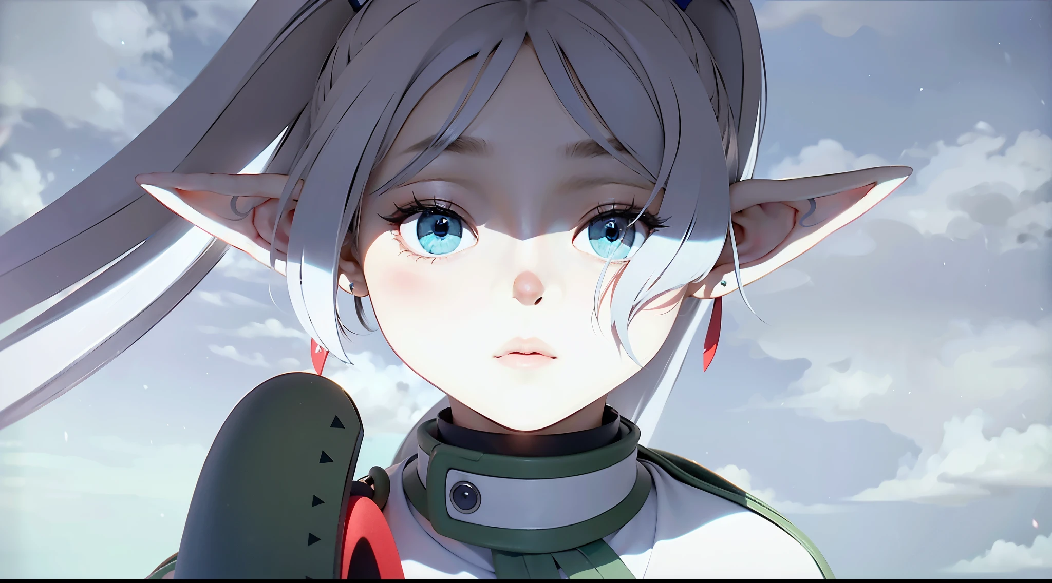 wooden cane holding:1.1、small eyes:1.5、green eyes:1.3、The moon is the background、moonlight、silver eyebrows:1.3、elf costume、high elf:1.2、elf ears、beautiful ears、beautiful eyes、silver hair:1.2、short eyebrows、twin tails、red earrings:1.1、detailed hair、23 years old、female:1.2、movie writing、(best quality, 8K, 32K, muste piece, ticker:1.2)