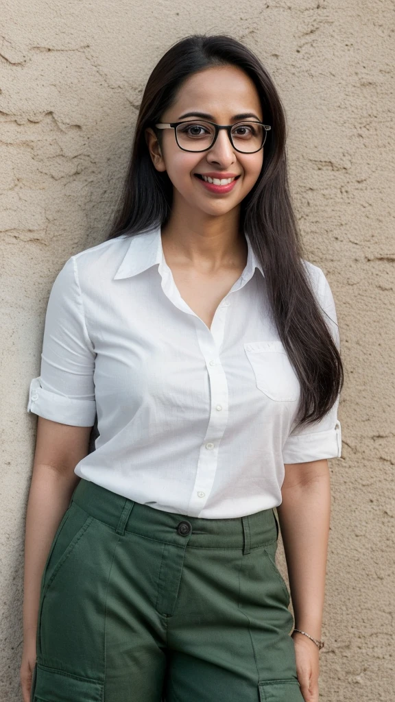 smiling woman with glasses wearing a white shirt and dark green cargo pants standing in front of a wall, this person does not exist, slight nerdy smile, wearing black rimmed glasses, 30 years old, frumpy appearance, slightly chubby, no makeup, rakul preet singh-amita sumba flores-andi dorfman-nadya suleman-ana ortiz merged, entire body visible, full body, hyperrealistic, best quality, 8K, real human skin, masterpiece, extremely intricate, medium closeup, detailed eyes, detailed face, detailed body, exaggerated features, pronounced features