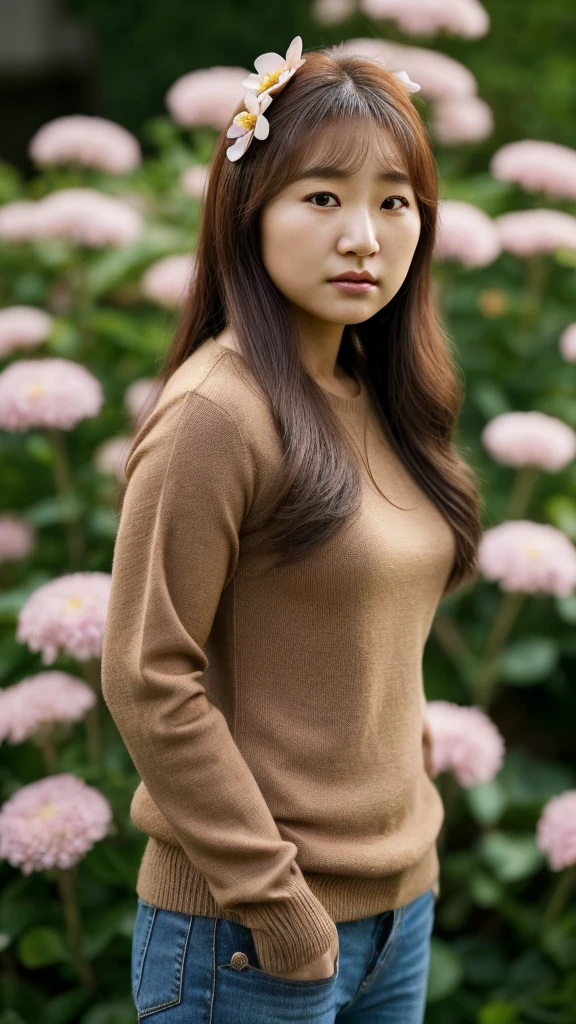 arafed woman with a flower in her hair and a brown sweater, this person does not exist, 25 years old, cute japanese woman, petite, diminutive, curvy, park min young-jenna ushkowitz-gong li-ji woon kim-lee felix-cho yi hyun-brenda song-claudia kim-min yoongi merged, entire body visible, full body, hyperrealistic, best quality, 8K, real human skin, masterpiece, extremely intricate, medium closeup, detailed eyes, detailed face, detailed body, exaggerated features, pronounced features