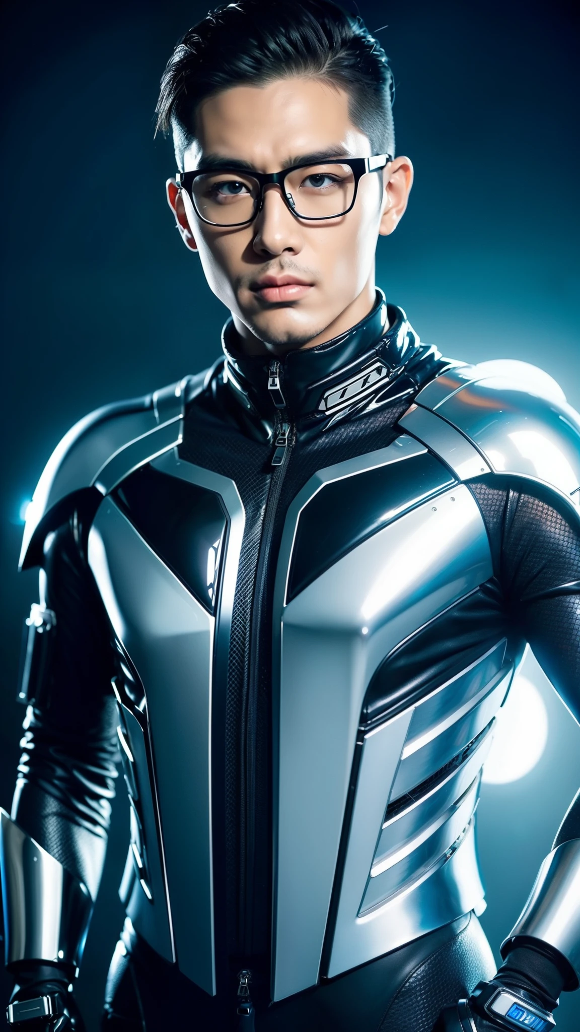 a close up of an asian man in a silver suit with glasses on, futuristic clothing, futuristic cyber clothing, futuristic clothes, futuristic tech wear, cybersuits, wearing futuristic clothing, futuristic fashion clothing, futuristic sci-fi fashion, science fiction suit, diverse cybersuits, cyber suit, biopunk futuristic wardrobe, futuristic fashion, sci - fi suit, futuristic attire