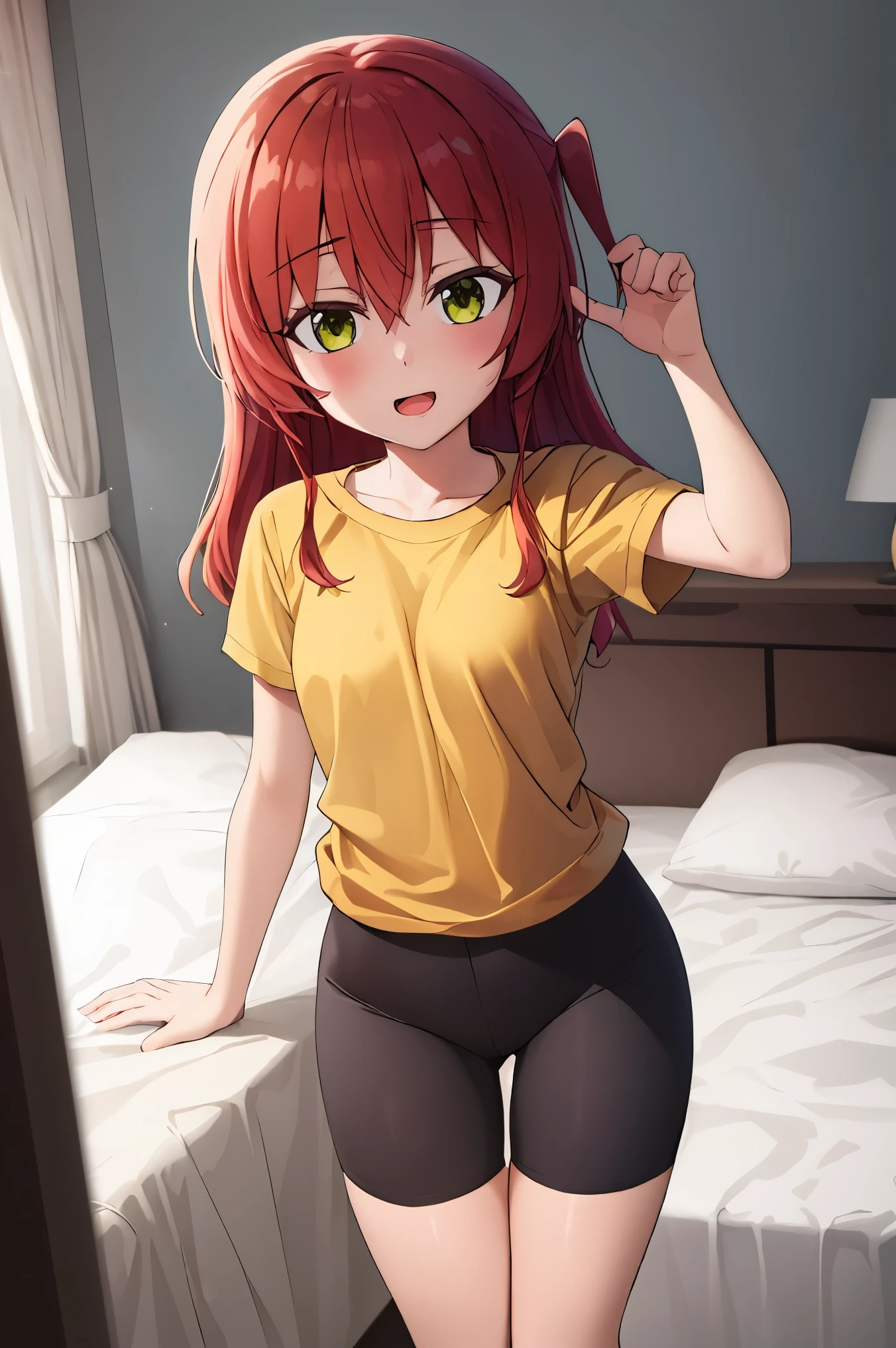 1 girl, best quality, ultra high res, long hair, red hair, green eyes, looking at viewers, small breast, standing, pov, slim body, loli body, small body, smile, open mouth, yellow shirt, short sleeves, bike shorts, bedroom, white bed sheets,
