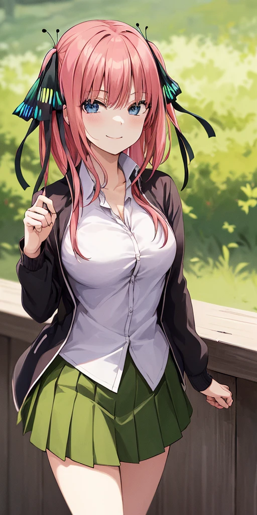 2d, masterpiece, best quality, anime, highly detailed, 1girl, solo, cowboy shot, nakano nino, pink hair, butterfly hair ornament, black cardigan, collared shirt, green skirt, miniskirt, medium breasts, standing, school, outdoors, smile