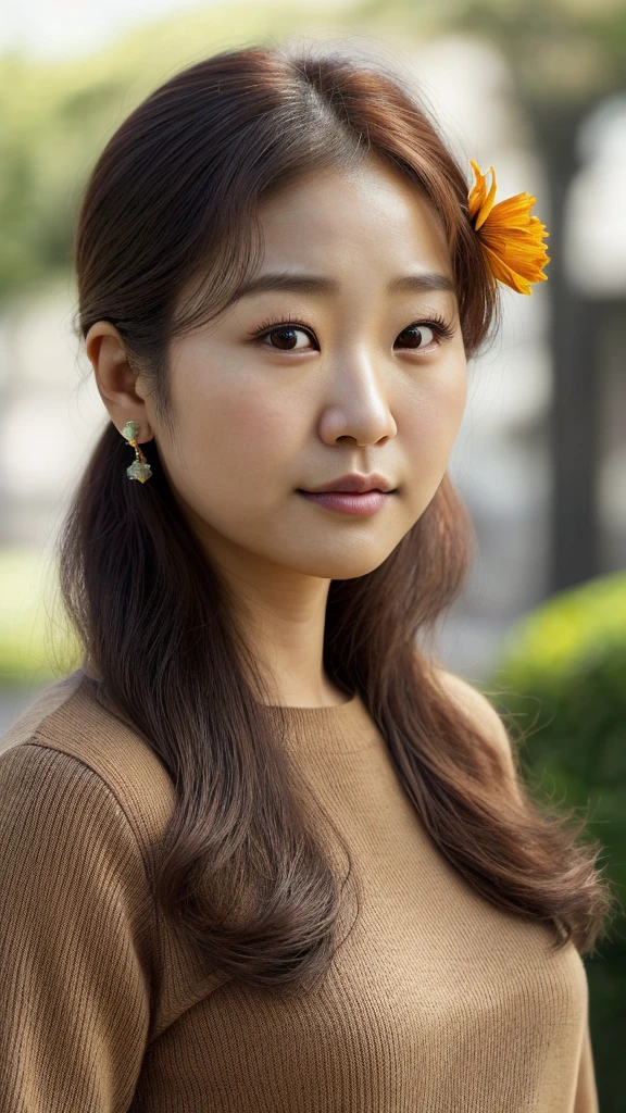 arafed woman with a flower in her hair and a brown sweater, this person does not exist, 25 years old, cute japanese woman, petite, diminutive, curvy, park min young-jenna ushkowitz-gong li-ji woon kim-lee felix-cho yi hyun-brenda song-claudia kim-min yoongi merged, entire body visible, full body, hyperrealistic, best quality, 8K, real human skin, masterpiece, extremely intricate, medium closeup, detailed eyes, detailed face, detailed body, exaggerated features, pronounced features