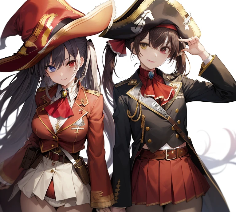2D, masterpiece, highest quality, anime, very detailed, cowboy shot, 1 girl, alone, Marine_pirate, hair ribbon, red ascot, red skirt, belt, Leotards under clothes, No sleeve, black coat, pirate hat, heterochromia iris, Are standing, straight, enchanting smile, white background, background