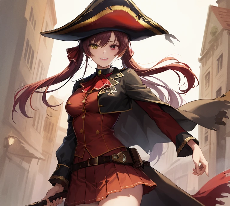 2D, masterpiece, highest quality, anime, very detailed, cowboy shot, 1 girl, alone, Marine_pirate, hair ribbon, red ascot, red skirt, belt, Leotards under clothes, No sleeve, black coat, pirate hat, heterochromia iris, Are standing, straight, enchanting smile, white background, background