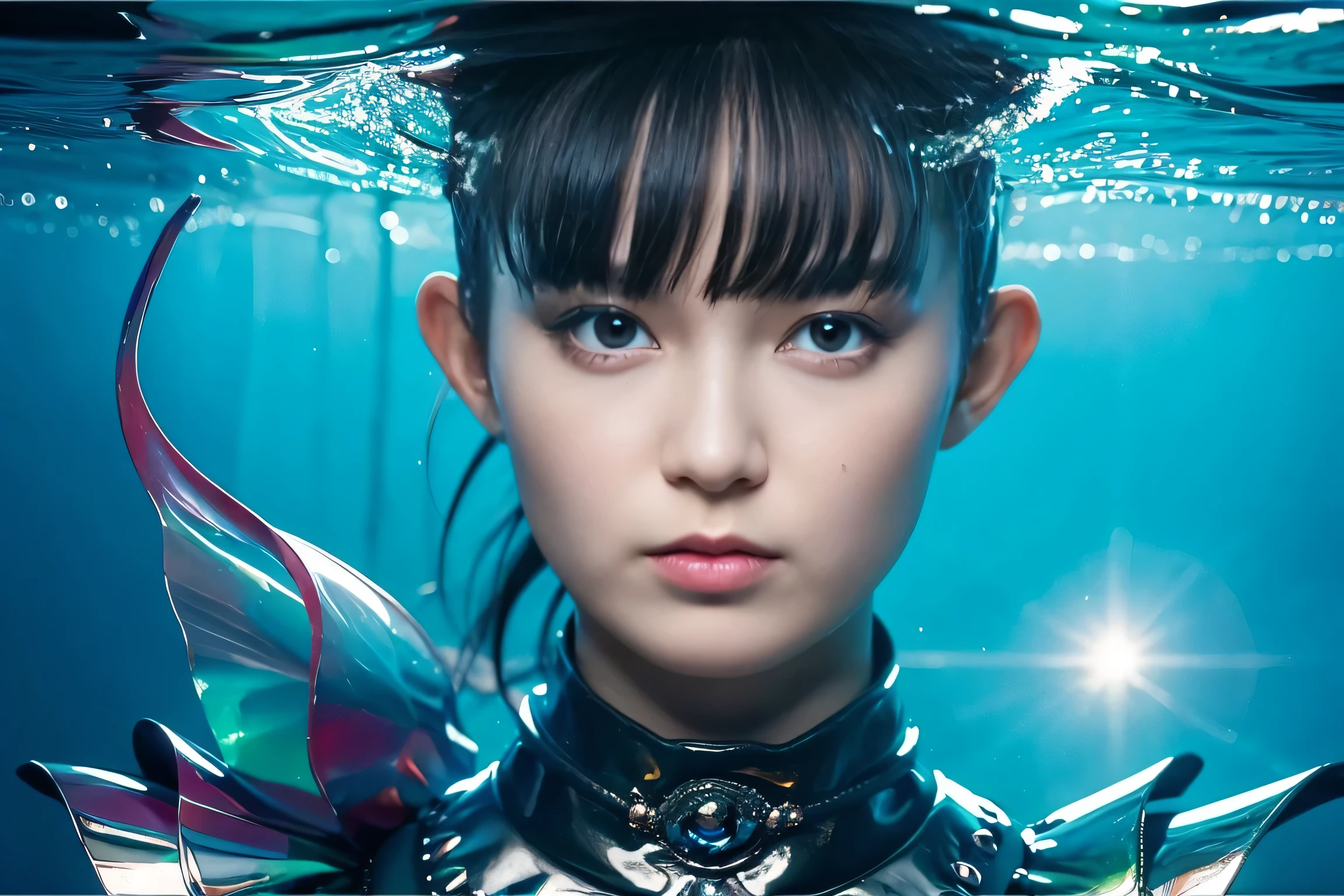 modern Digital Painting of a girl inside the ocean, water with background underworld, fish, bubble air by Alex Grey , cinematic, daylight, colorful