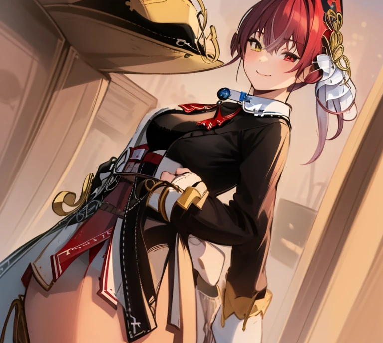 2D, masterpiece, highest quality, anime, very detailed, cowboy shot, 1 girl, alone, Marine_pirate, hair ribbon, red ascot, red skirt, belt, Leotards under clothes, No sleeve, black coat, pirate hat, heterochromia iris, Are standing, straight, enchanting smile, white background,  background 