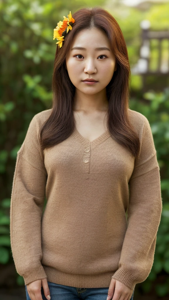 arafed woman with a flower in her hair and a brown sweater, this person does not exist, 25 years old, cute japanese woman, petite, diminutive, curvy, park min young-jenna ushkowitz-gong li-ji woon kim-lee felix-cho yi hyun-brenda song-claudia kim-min yoongi merged, entire body visible, full body, hyperrealistic, best quality, 8K, real human skin, masterpiece, extremely intricate, medium closeup, detailed eyes, detailed face, detailed body, exaggerated features, pronounced features