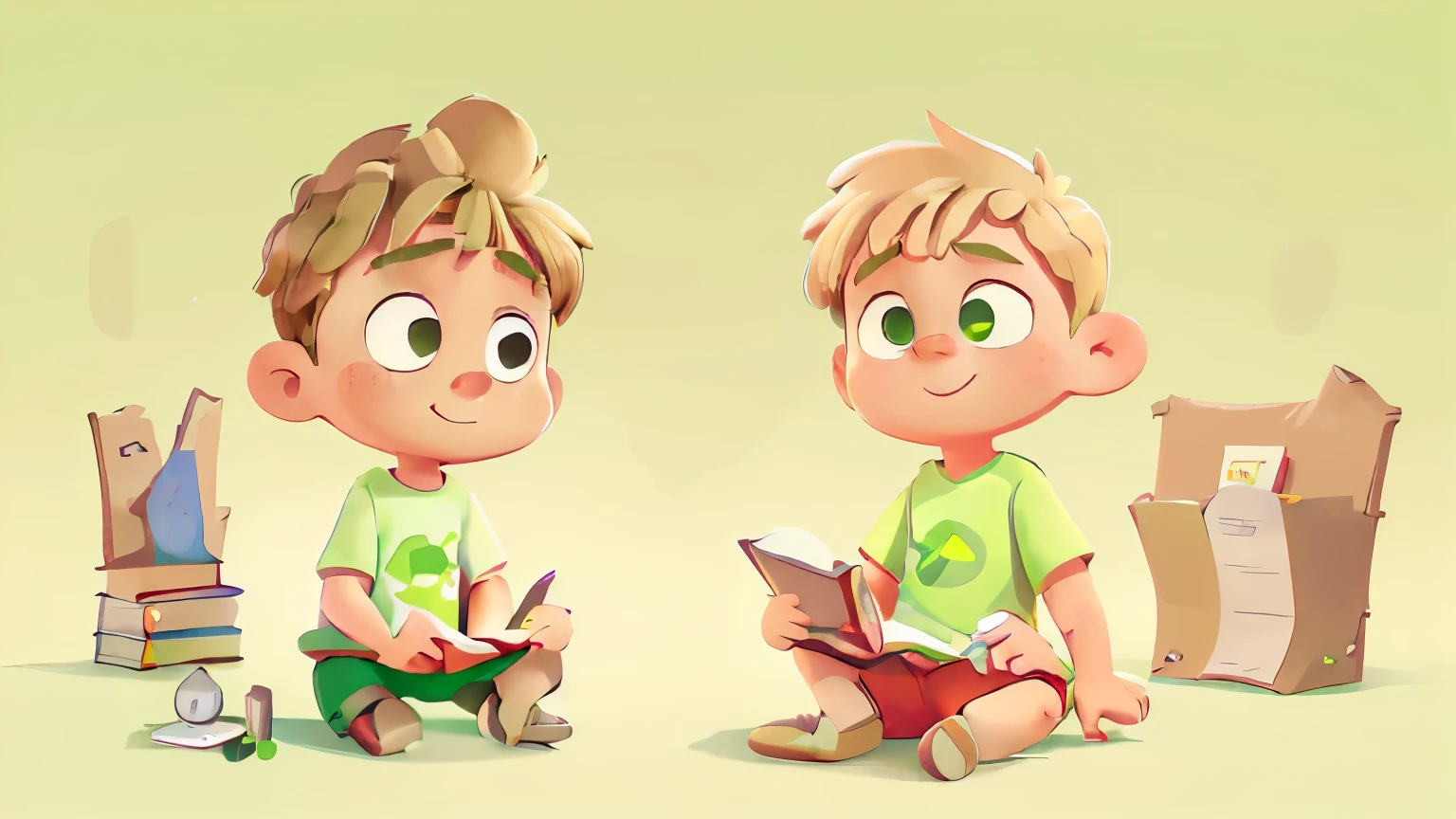 A cute little boy name Alexandre Shida,12 year olds, short blonde hair, green eyes, big fat body, big fat face, wearing a Plain light green t-shirt, red shorts, sitting on the floor, reading a book, multiple poses, in the style of simple Cartoonish illustrations