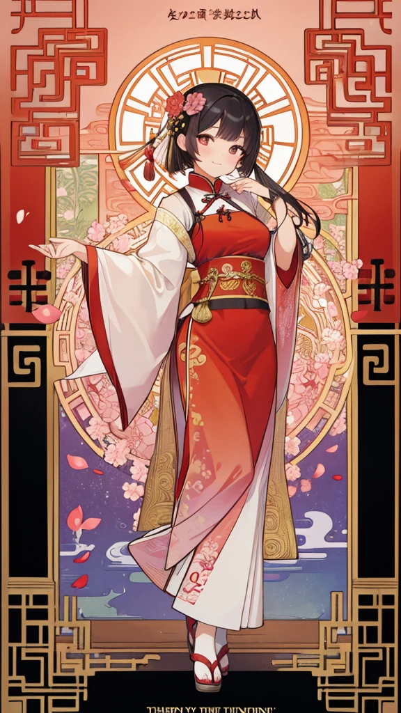 absurdres, best quality, fine detailed, 8k, new year greeting card, tarot card style frame, art nouveau, (Alphonse Mucha), art deco, Ancient china Style, 1girl, smile, red color hanfu dress, hair flower ornament, upper body, Chinese style fantasy window decorated with crystal texture, Ancient court scenery, red flower decoration beads, Chinese-style decorative string, plum blossoms tree, peony, petals