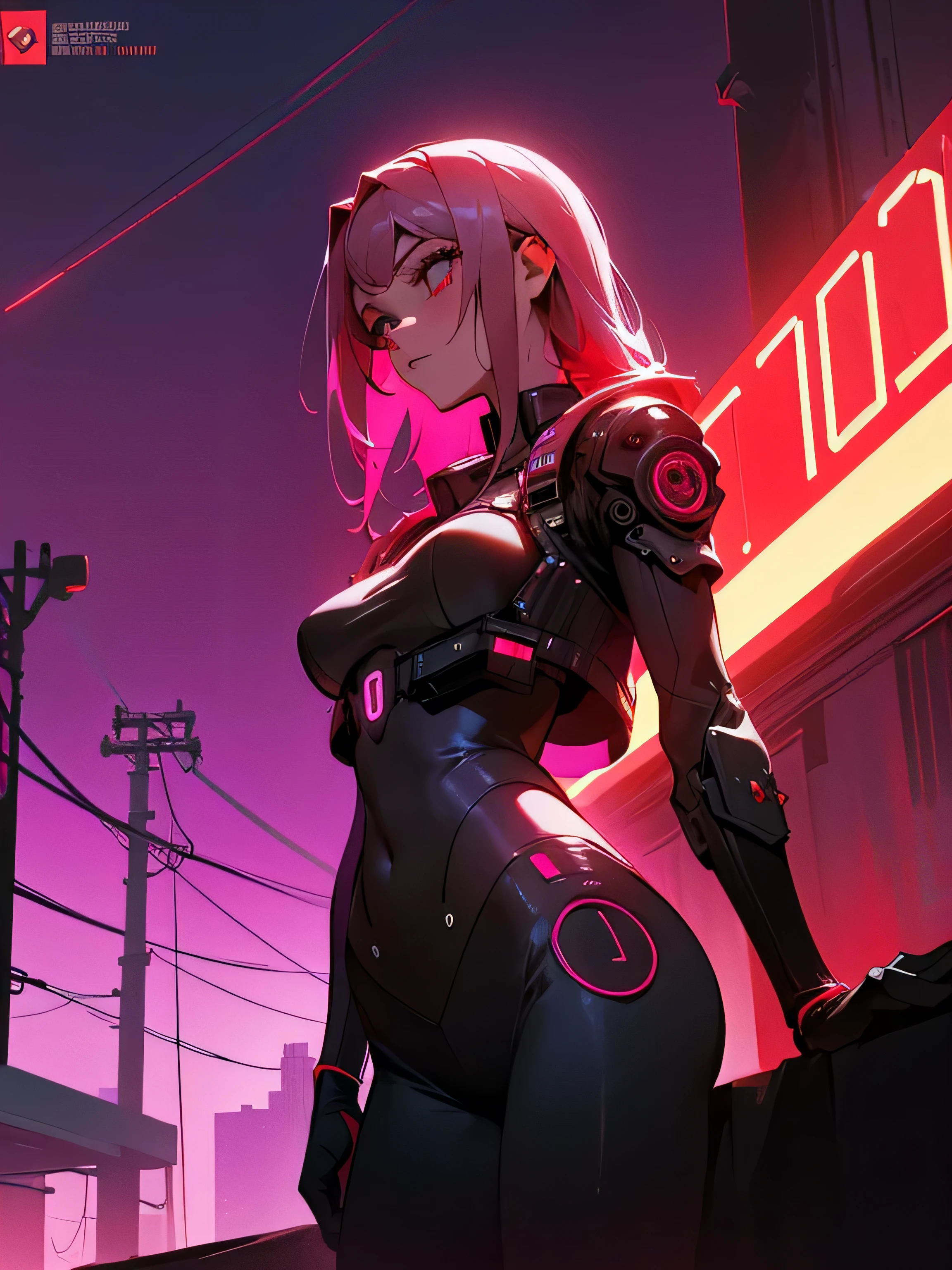 (mejor calidad, obra maestra1.2), (ojo detallado: 1.2), detalle complejo, profundidad de campo, 1girl, cuerpo completo, ciudad, cyberpunk, red neon, red neon lights, noche, luna,