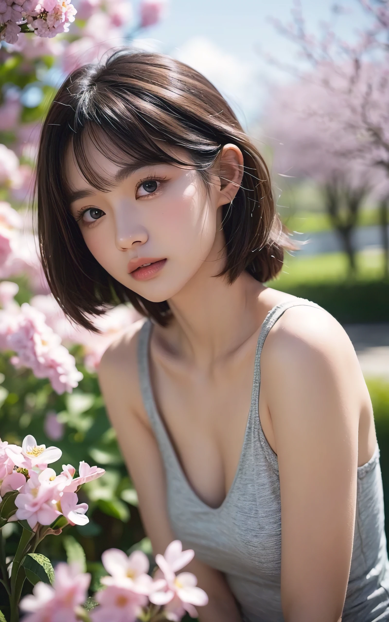 upper body shot、Front view、young beautiful japanese woman、gentle features、super cute face、glossy lips、double eyelids in both eyes、natural makeup, embarrassing, long eyelashes are bright, short bob and light brown hair、hair swaying in the wind, asymmetrical bangs、center image、8K、high definition、detailed hairstyle、detailed face、epic movie lighting、octane rendering、lively、surreal、perfect limbs、perfect anatomy, spring flower hill